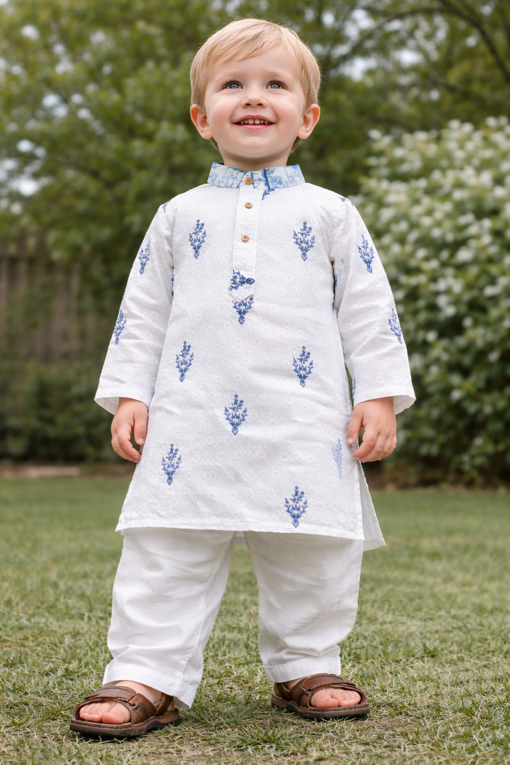 TB_805_KID kids white and blue printed kurta pajama set lifestyle seated image