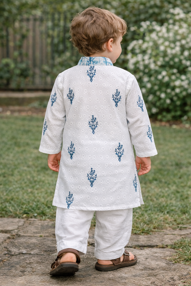 TB_805_KID kids white and blue printed kurta pajama set side view