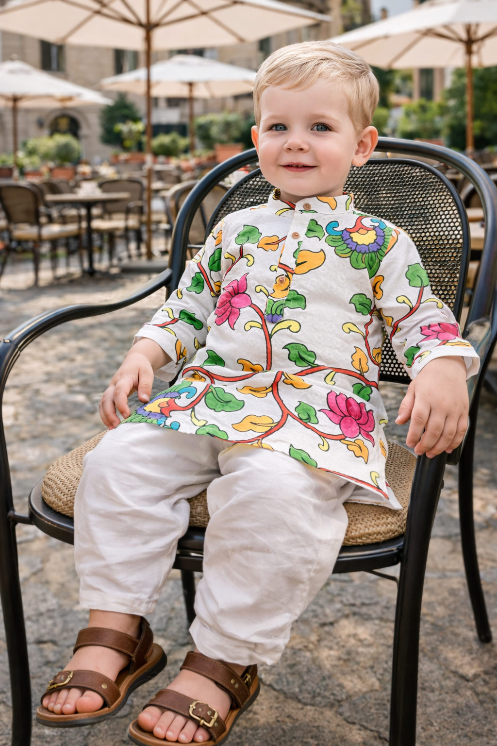 TryBuy boys white floral embroidered printed kurta cafe sitting lifestyle