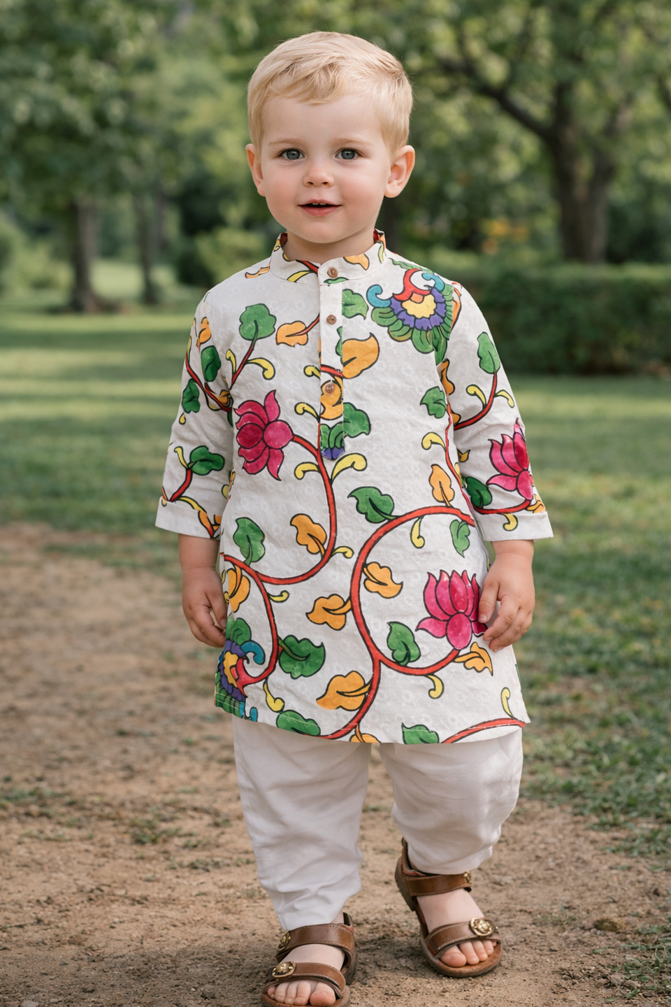 TryBuy boys white floral embroidered printed kurta front view size 20