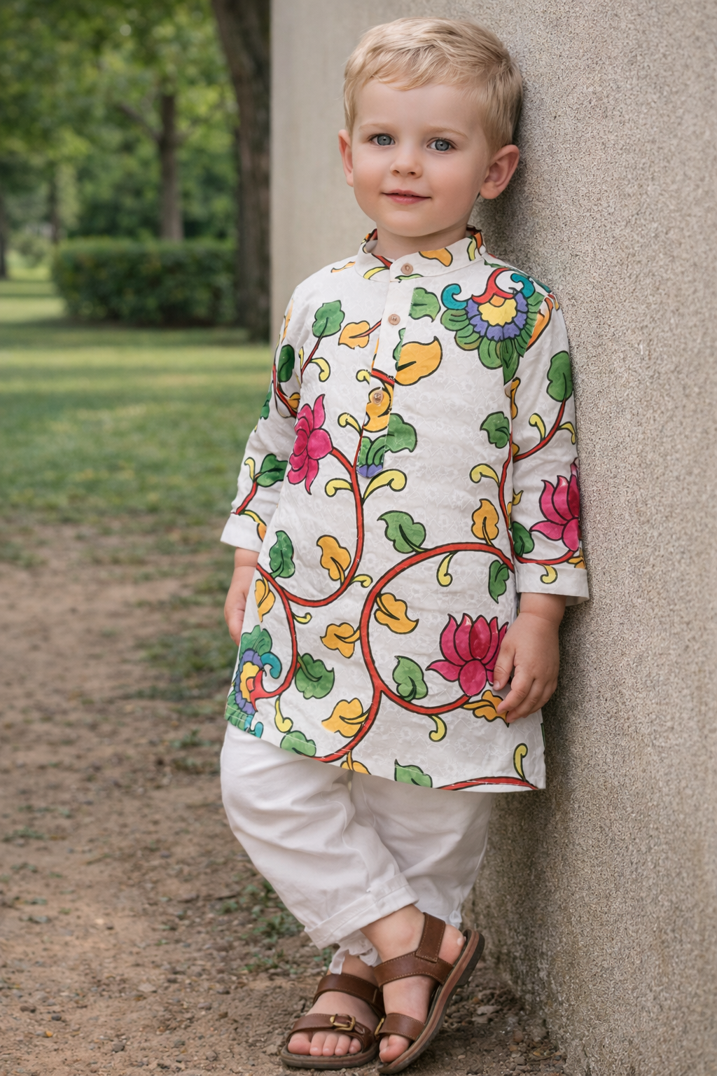 TryBuy boys white floral embroidered printed kurta full length leaning pose