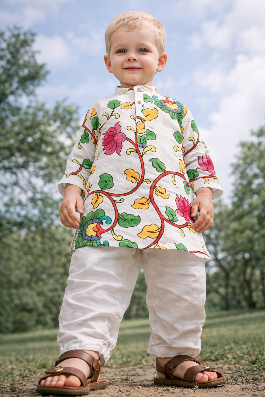 TryBuy boys white floral embroidered printed kurta low angle full length