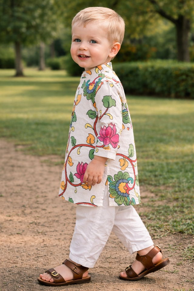 TryBuy boys white floral embroidered printed kurta side walking view