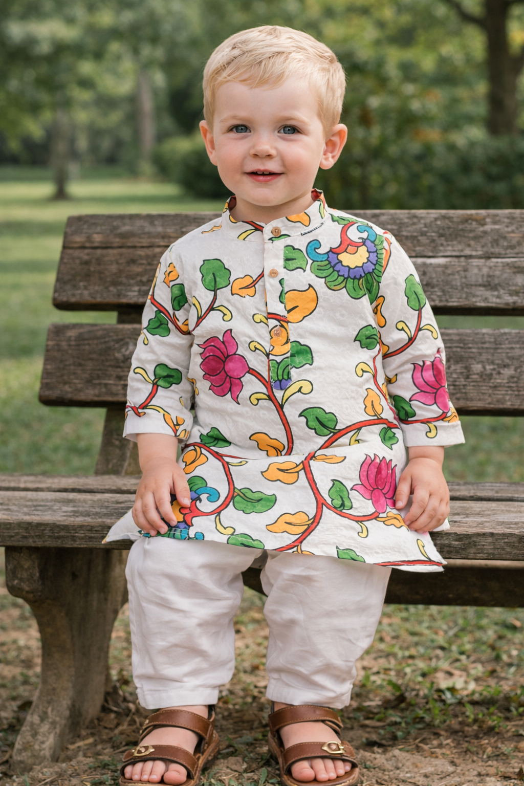 TryBuy boys white floral embroidered printed kurta sitting view