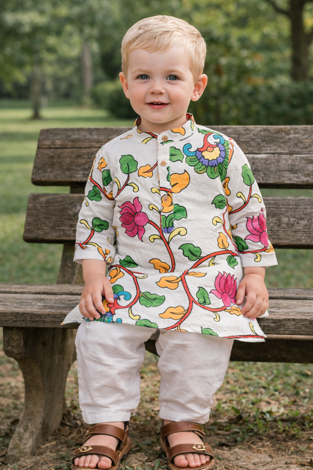 TryBuy boys white floral embroidered printed kurta sitting view