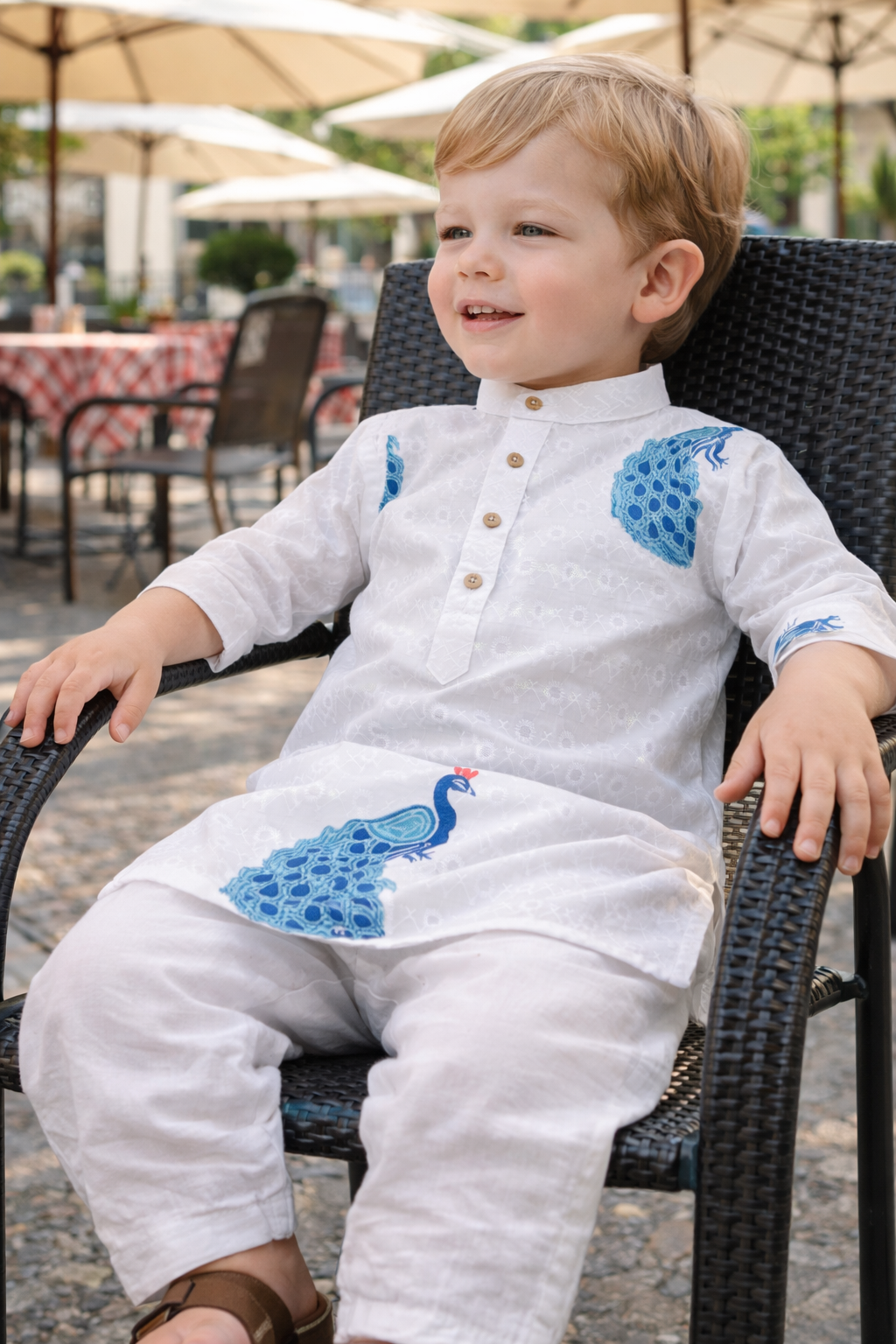 TryBuy.in TB_808_KID boys white peacock printed kurta set cafe lifestyle view