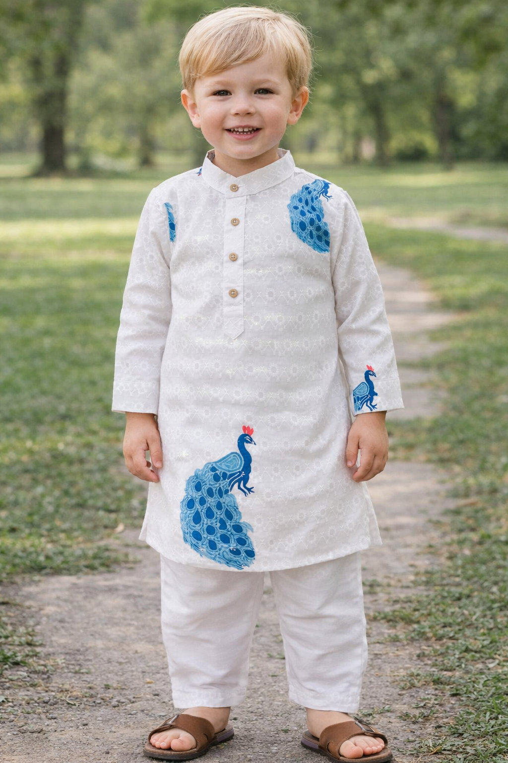 TryBuy.in TB_808_KID boys white peacock printed kurta set front view for 3-4 years