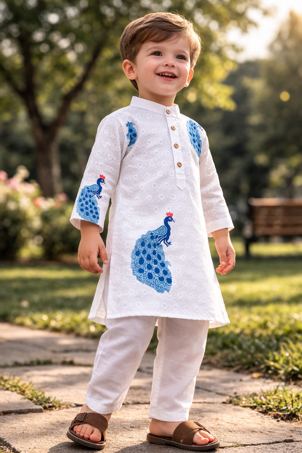 TryBuy.in TB_808_KID boys white peacock printed kurta set golden hour lifestyle view