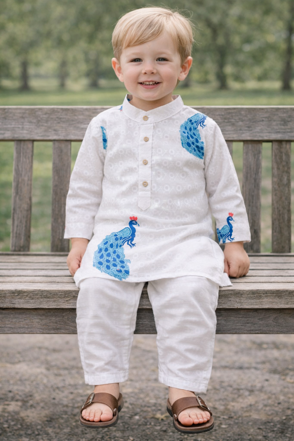 TryBuy.in TB_808_KID boys white peacock printed kurta set sitting bench lifestyle view