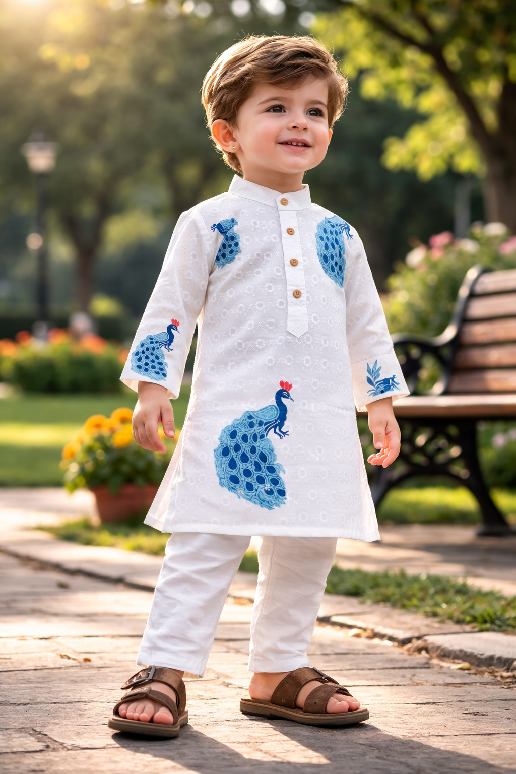 TryBuy.in TB_808_KID boys white peacock printed kurta set walking park lifestyle view