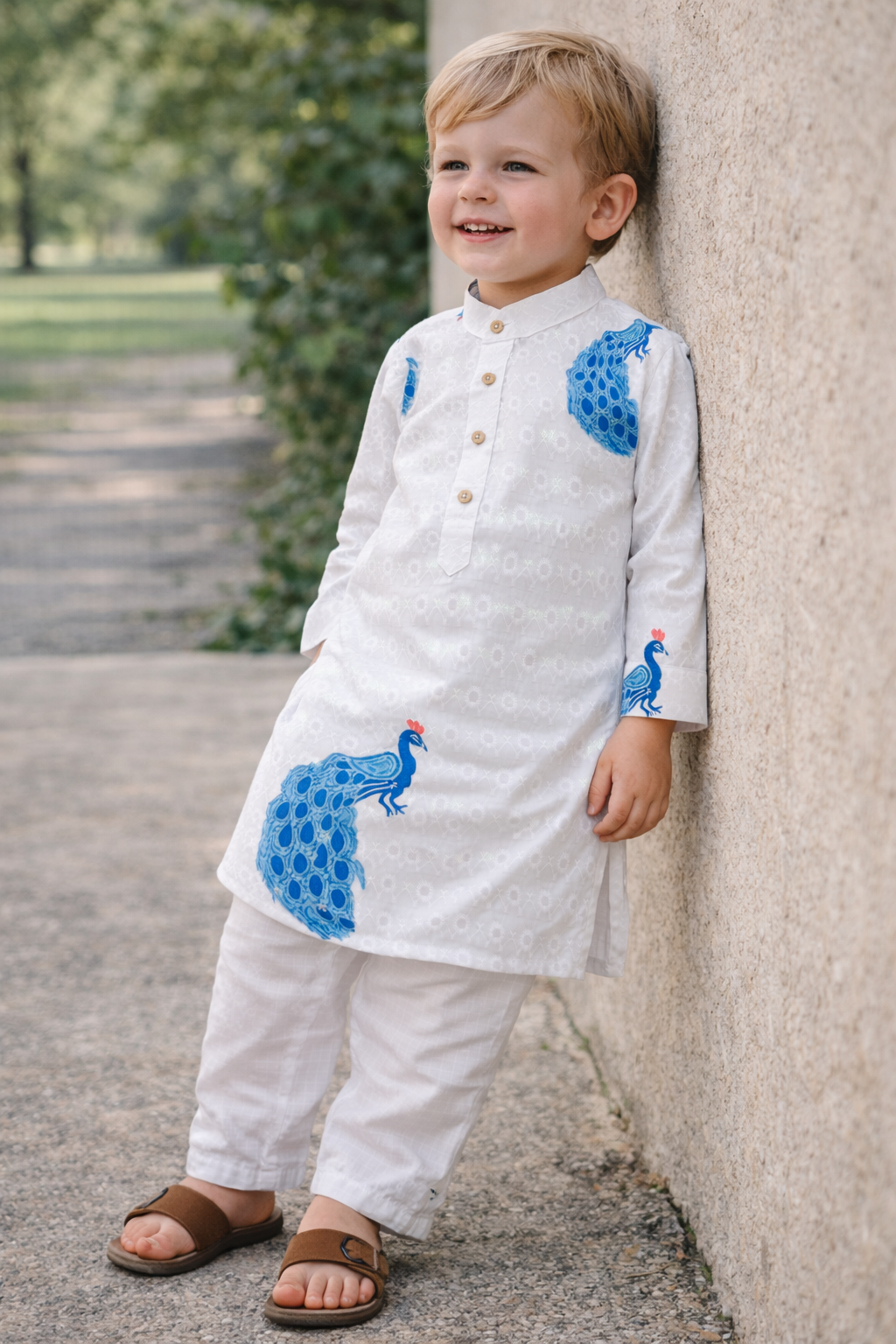 TryBuy.in TB_808_KID boys white peacock printed kurta set wall pose lifestyle view