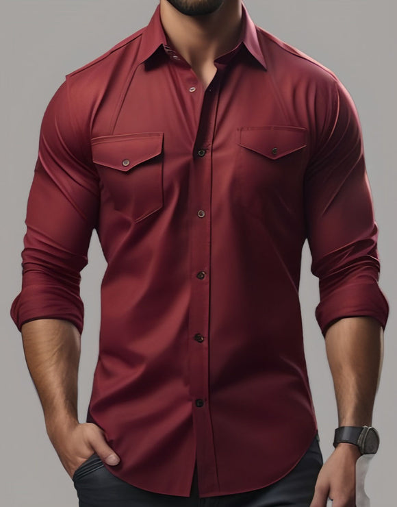 a man wearing a red shirt and black pants