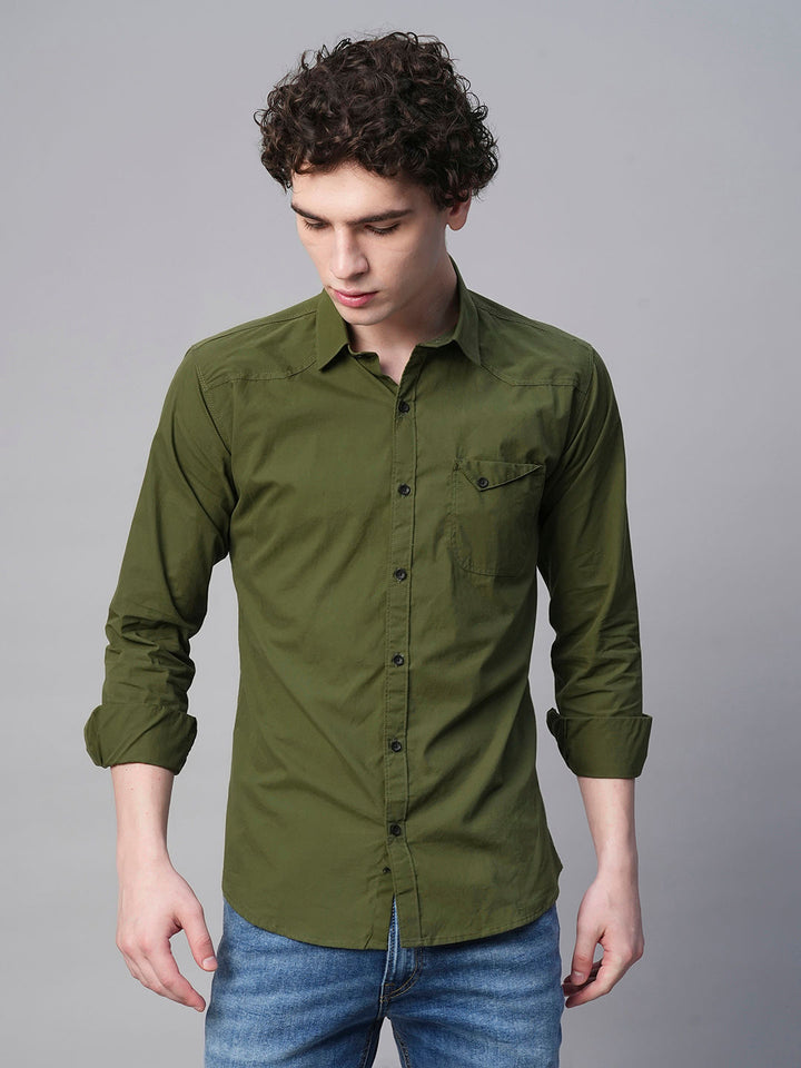 Angers Army Green Solid Cotton Shirts for Men