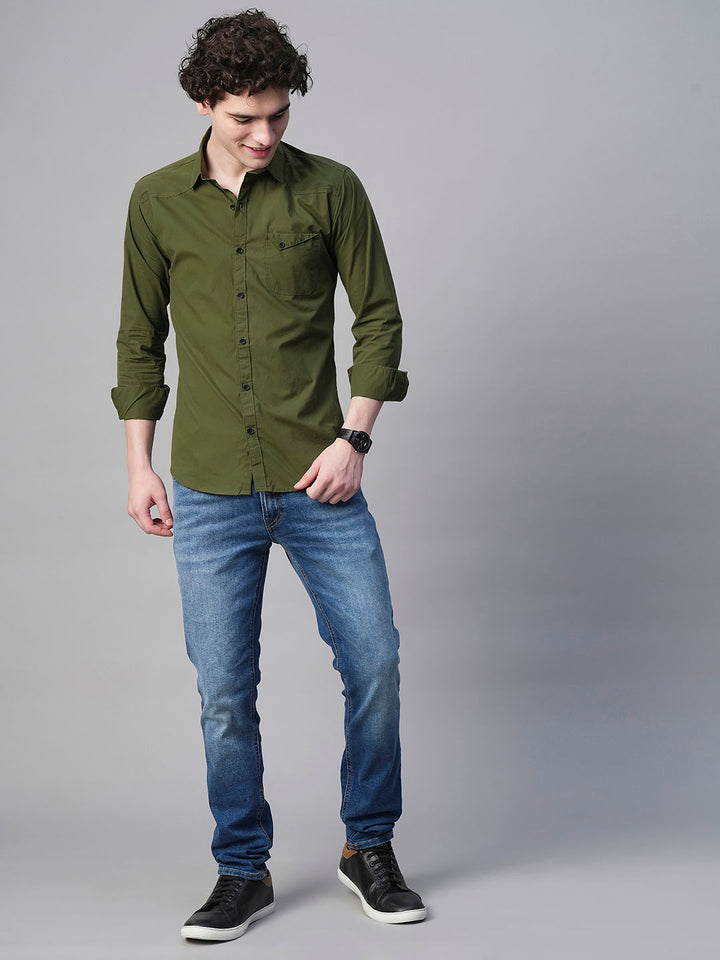 Angers Army Green Solid Cotton Shirts for Men