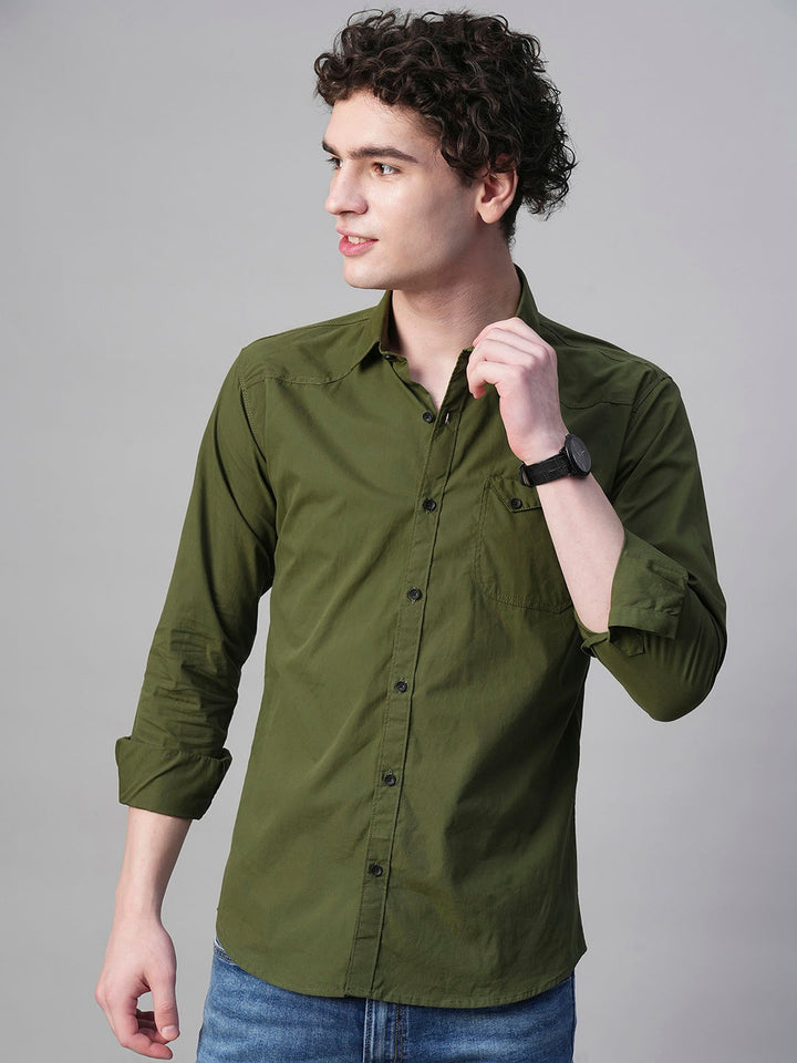 Angers Army Green Solid Cotton Shirts for Men