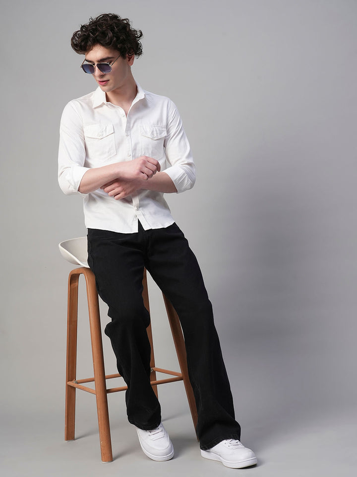 Solid White Cotton Linen Double Pocket Shirts for Men