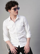 Solid White Cotton Linen Double Pocket Shirts for Men 1