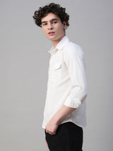 Solid White Cotton Linen Double Pocket Shirts for Men 5