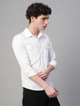 Solid White Cotton Linen Double Pocket Shirts for Men 4