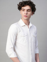 Solid White Cotton Linen Double Pocket Shirts for Men 3