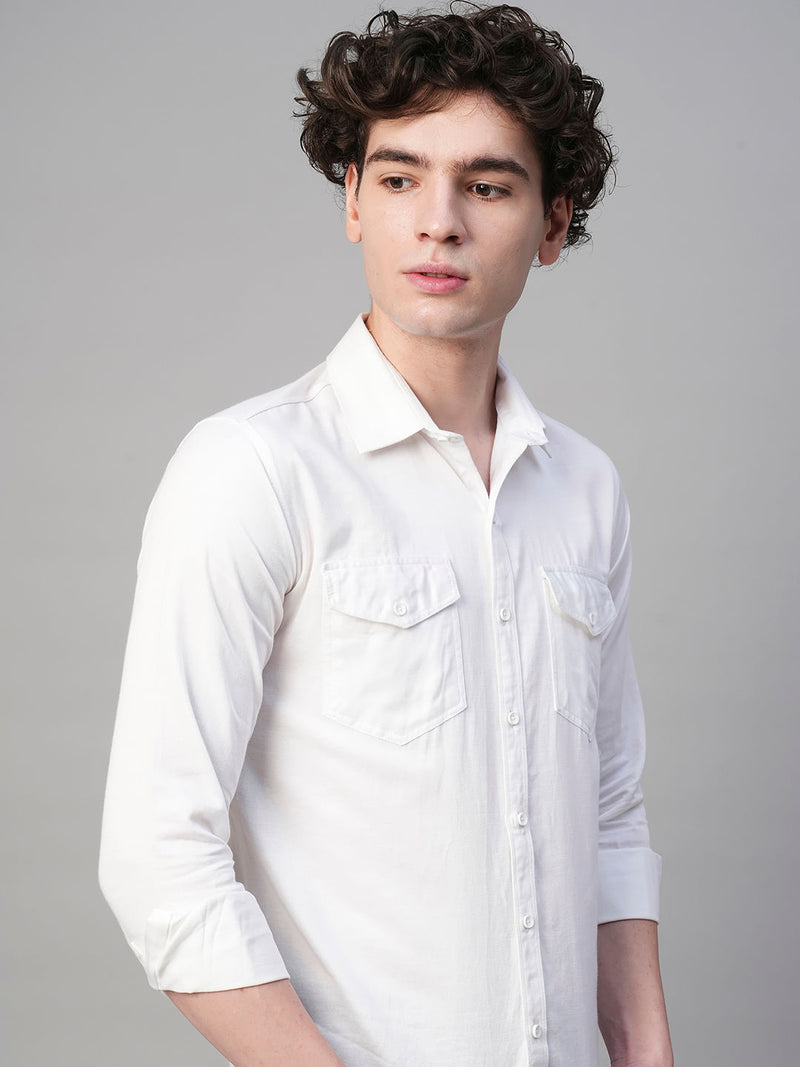 Solid White Cotton Linen Double Pocket Shirts for Men 3