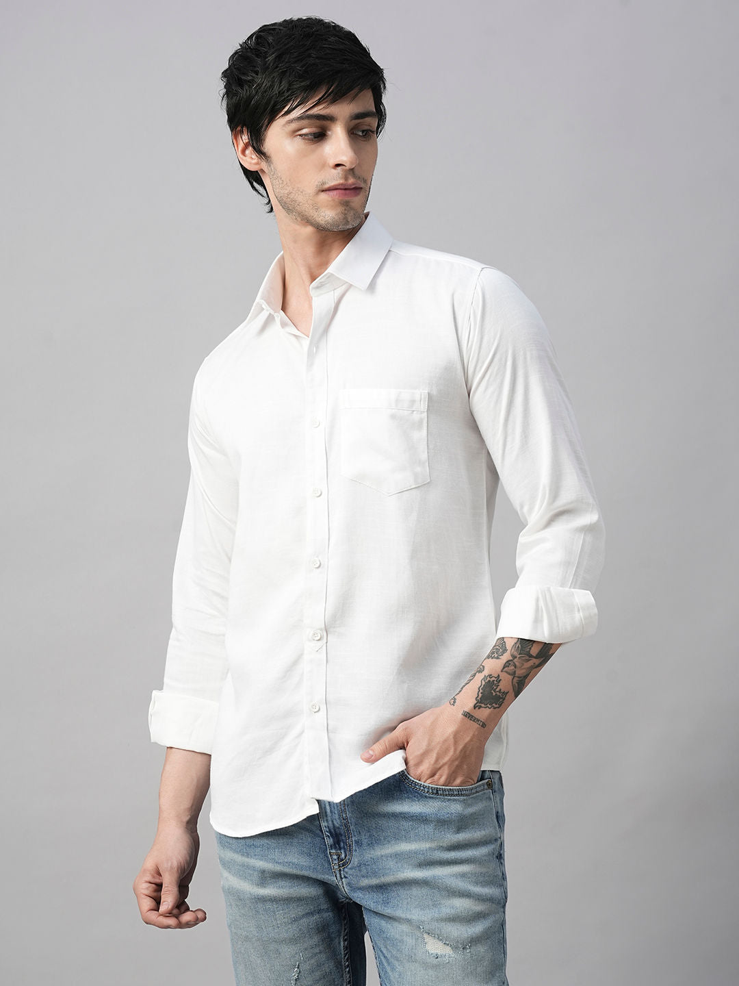 Solid White Cotton Linen Shirt for Men