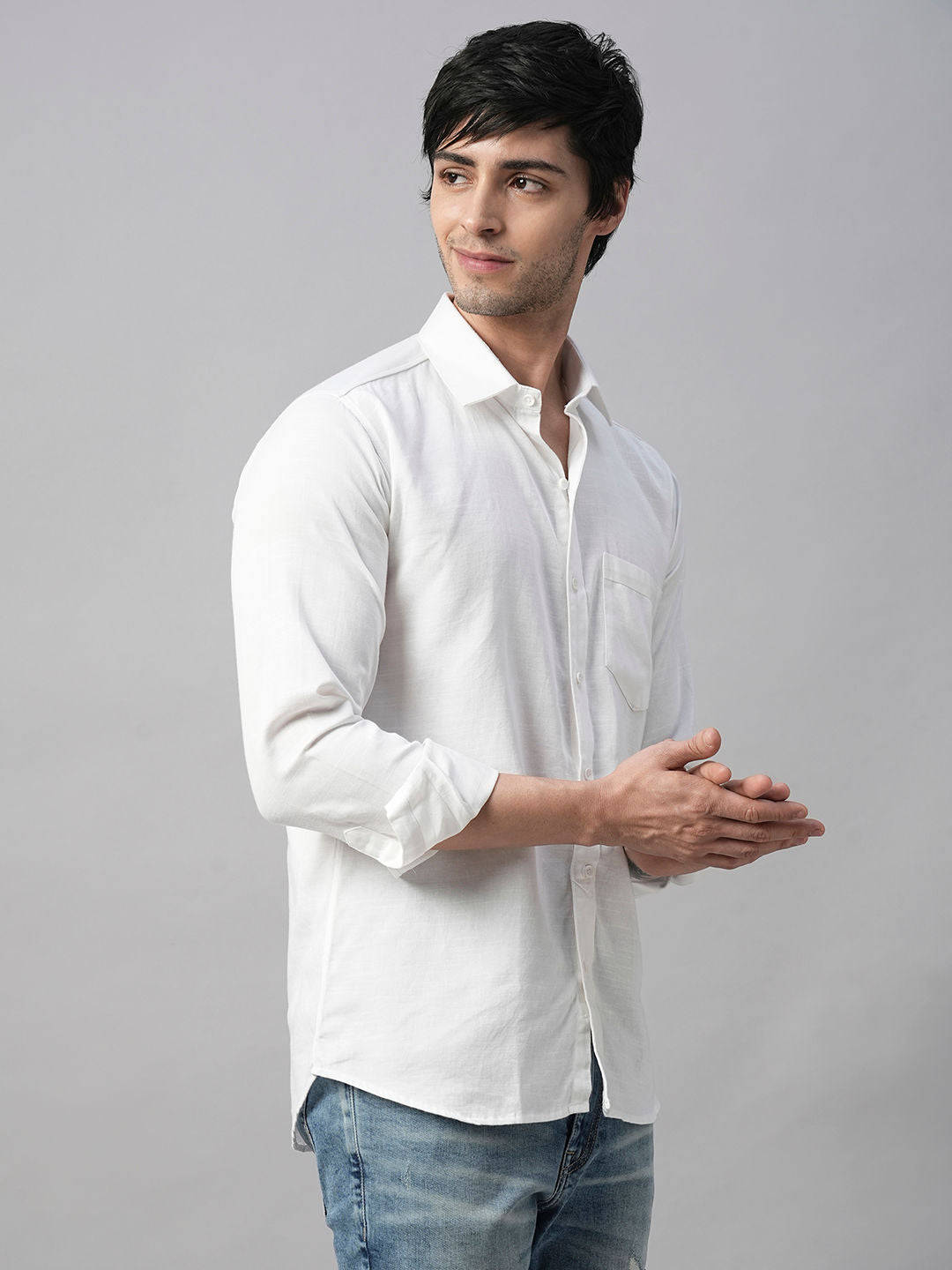 Solid White Cotton Linen Shirt for Men