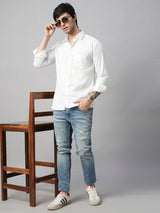 Solid White Cotton Linen Shirts for Men 4