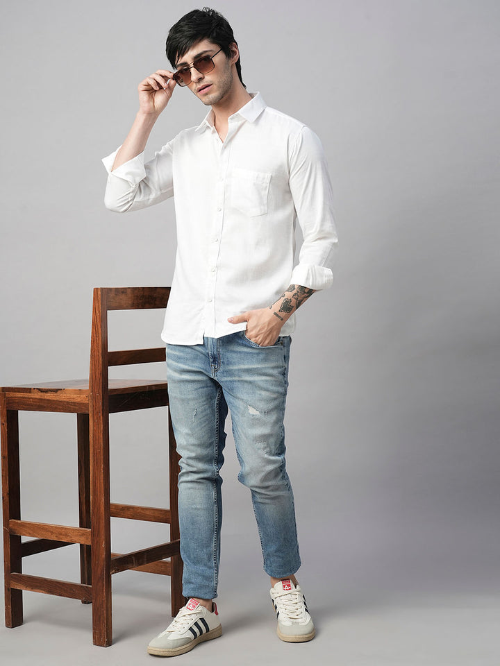 Solid White Cotton Linen Shirts for Men