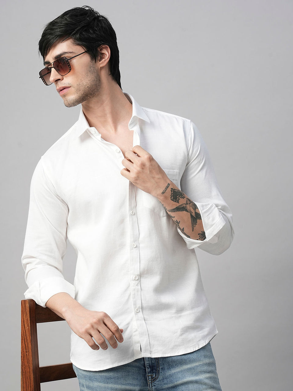 Solid White Cotton Linen Shirt for Men