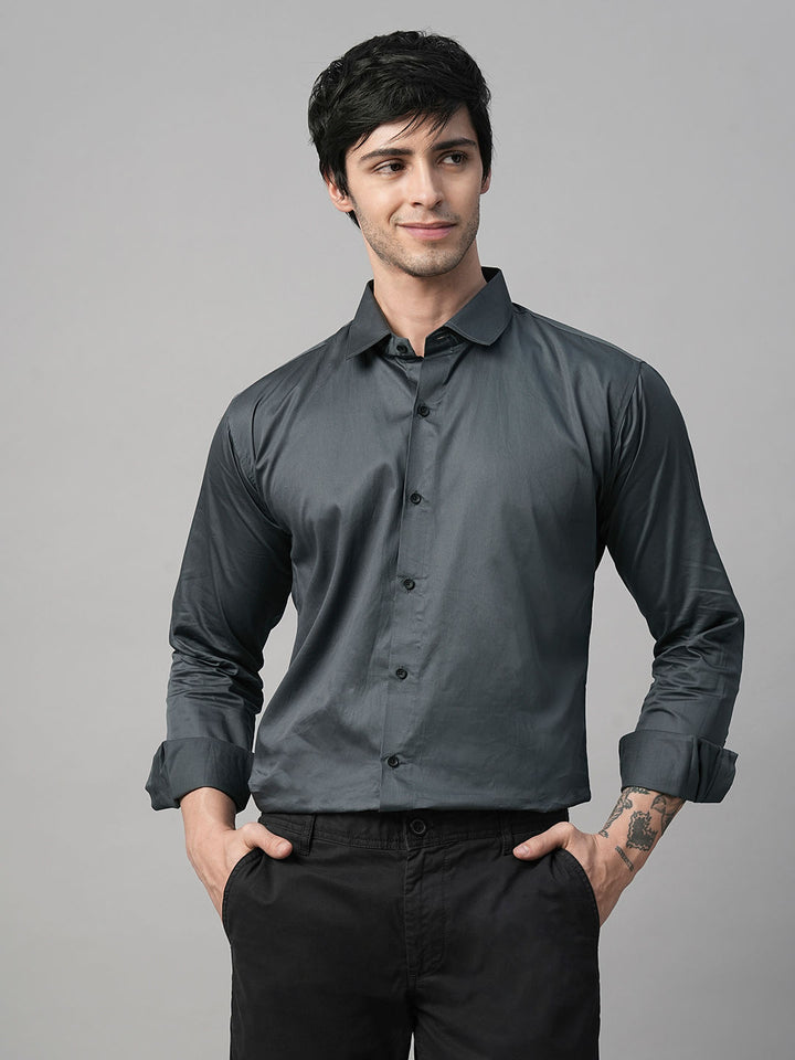 Solid Grey Satin Cotton Shirts for Men