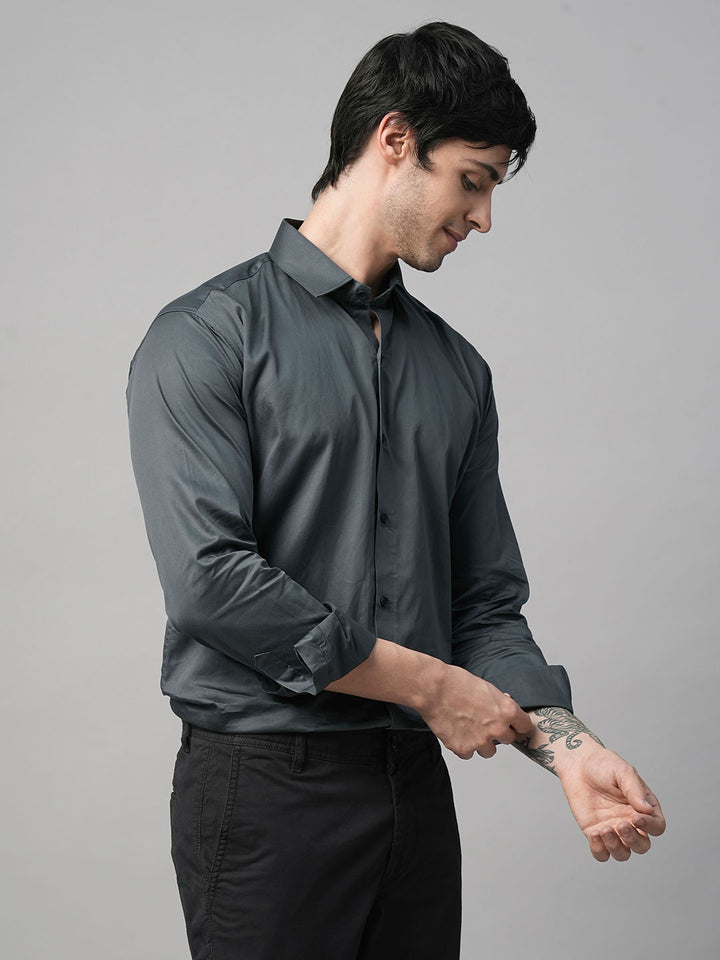 Solid Grey Satin Cotton Shirts for Men