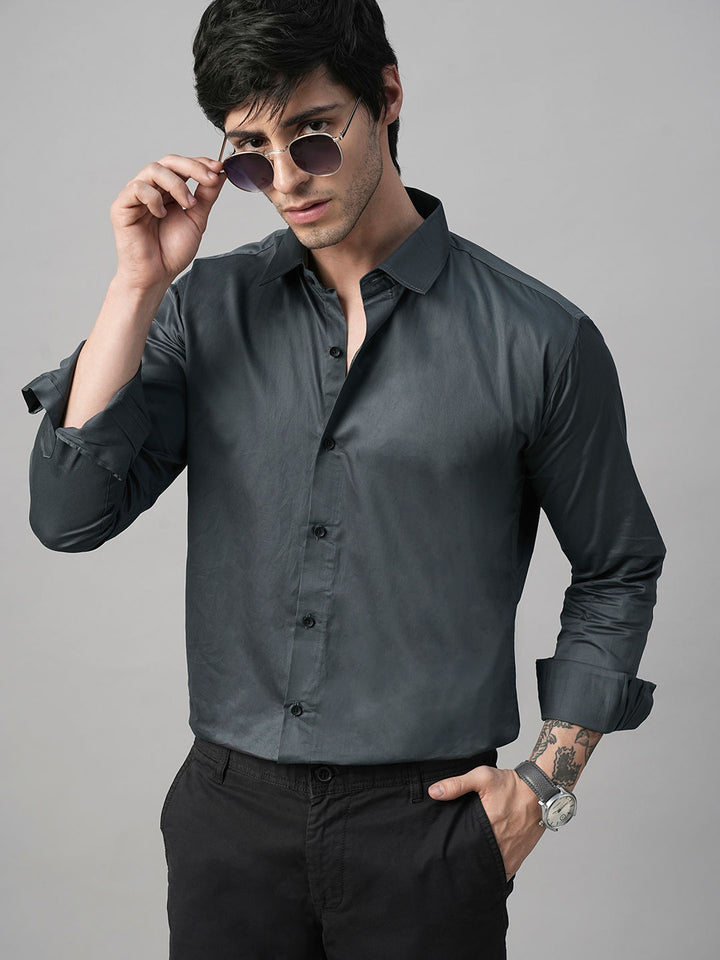 Solid Grey Satin Cotton Shirts for Men