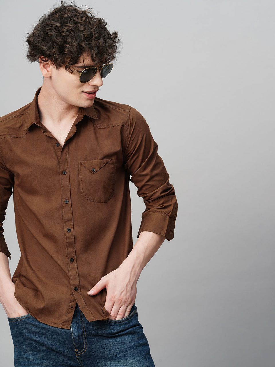 Roadster Brown Solid Shirts for Men