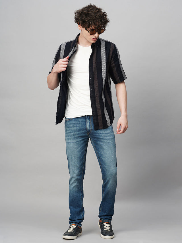 Cultured Crochet Jute Cotton Striped Half Sleeves Shirt for Men