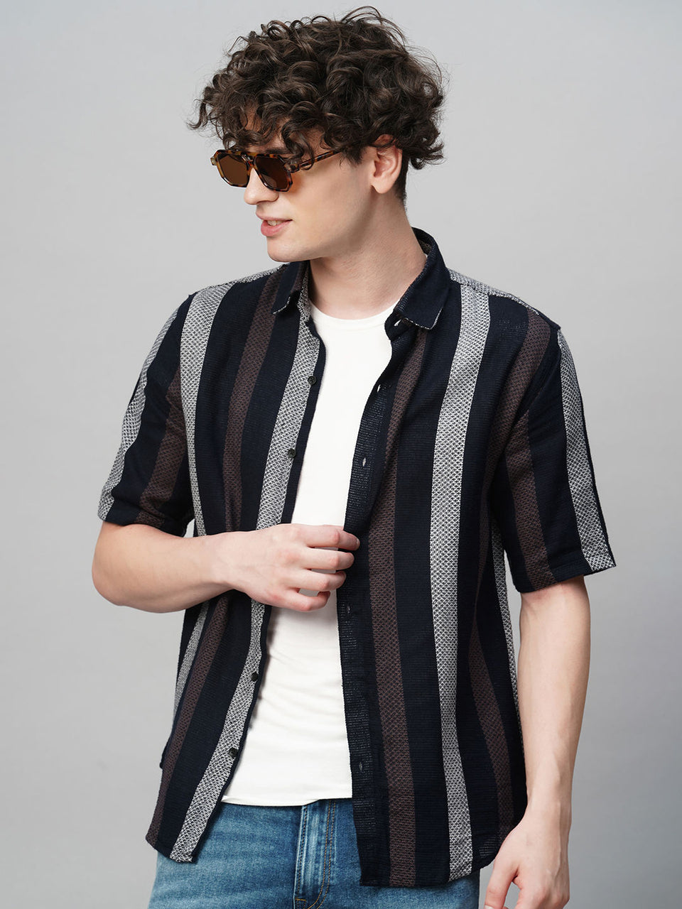 Cultured Crochet Jute Cotton Striped Half Sleeves Shirt for Men