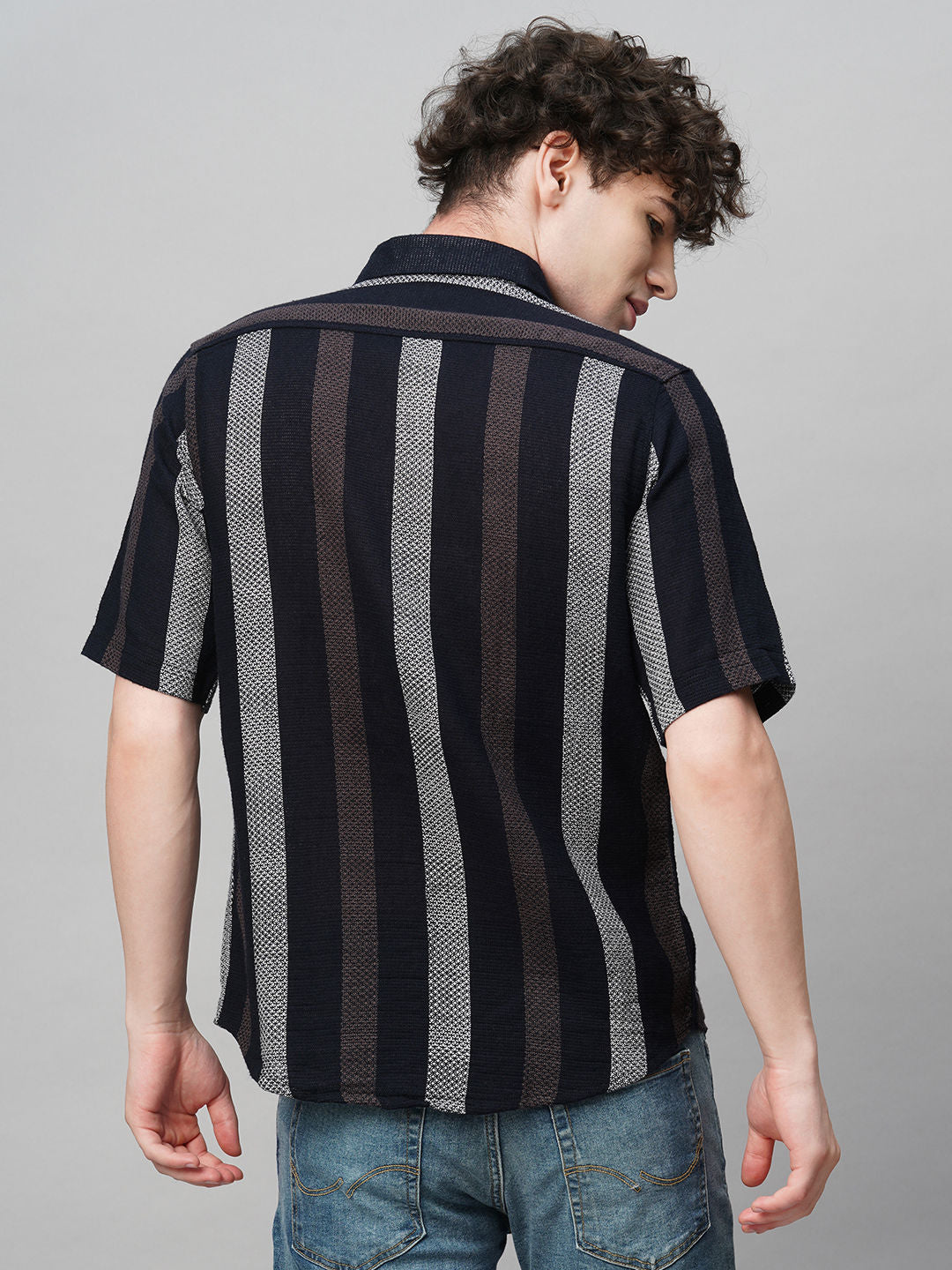 Cultured Crochet Jute Cotton Striped Half Sleeves Shirt for Men