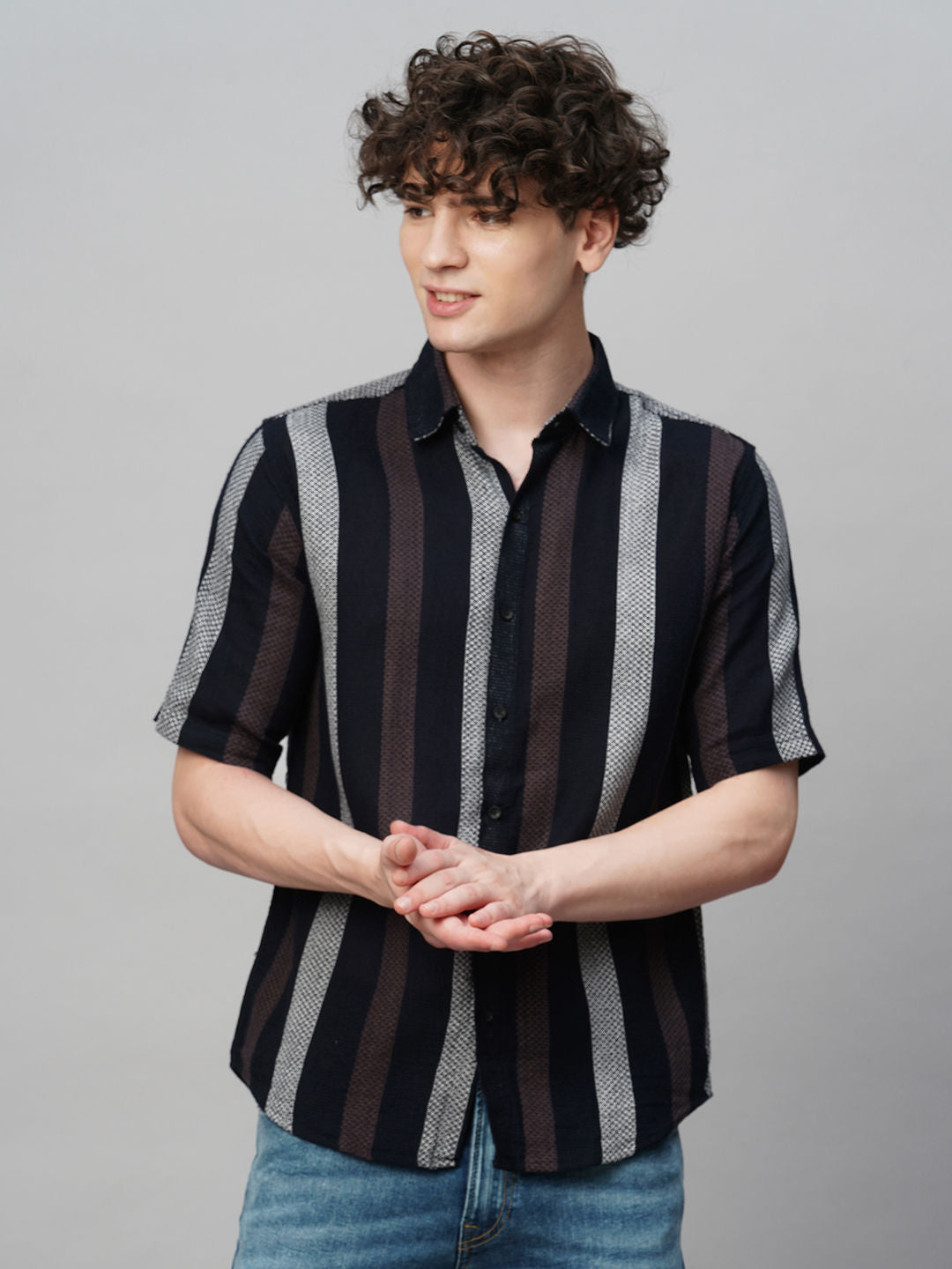 Cultured Crochet Jute Cotton Striped Half Sleeves Shirt for Men