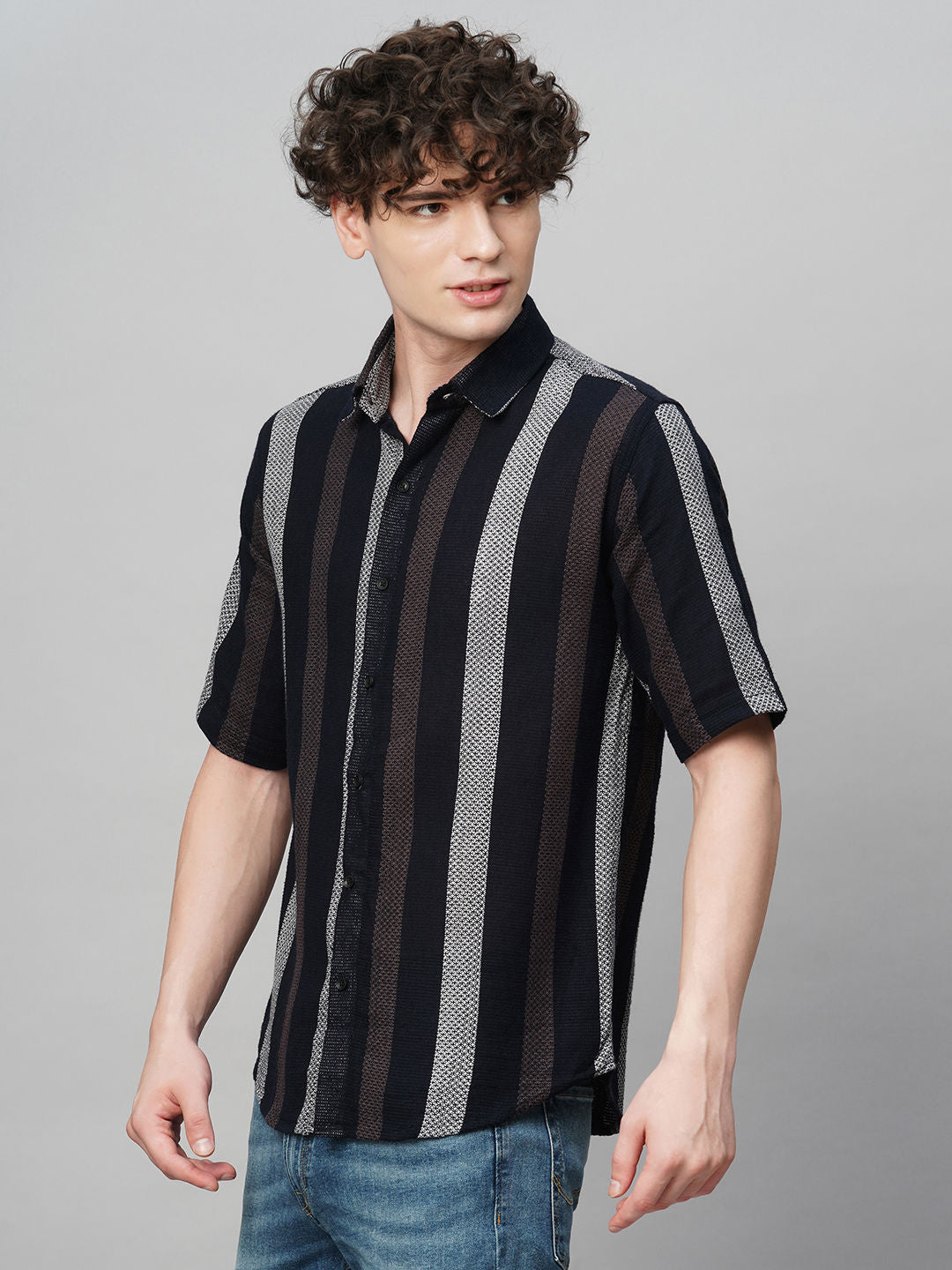 Cultured Crochet Jute Cotton Striped Half Sleeves Shirt for Men