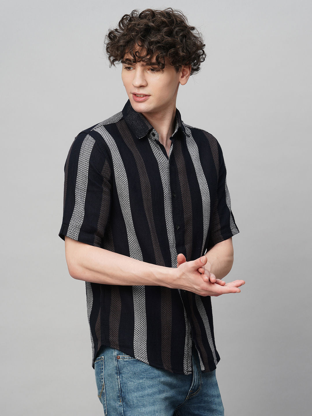 Cultured Crochet Jute Cotton Striped Half Sleeves Shirt for Men