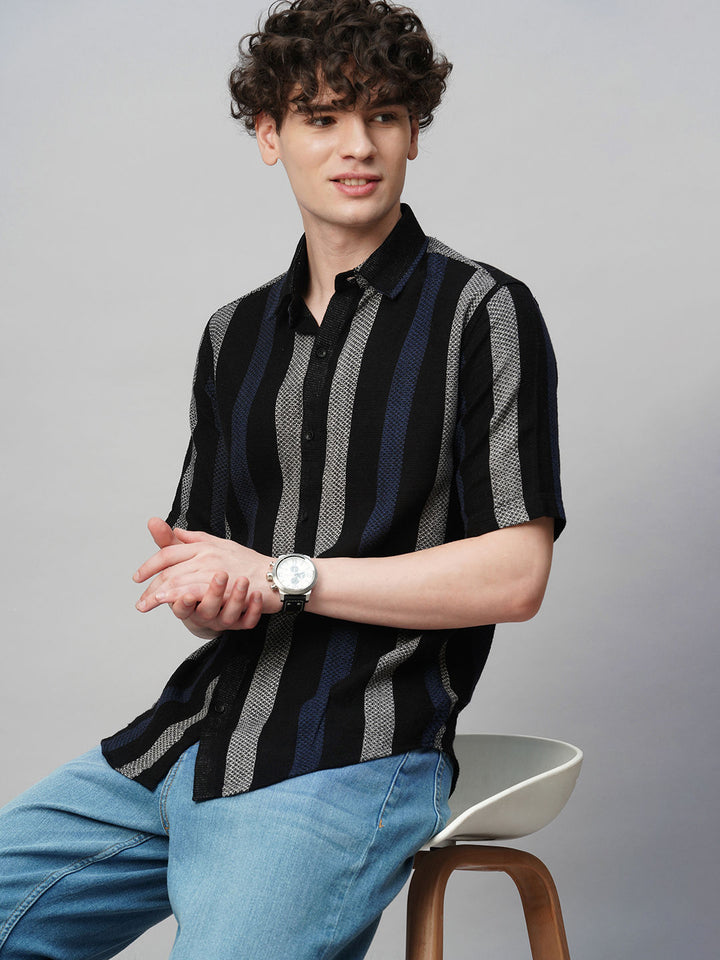 Suave Crochet Striped Half Sleeves Men's Shirt