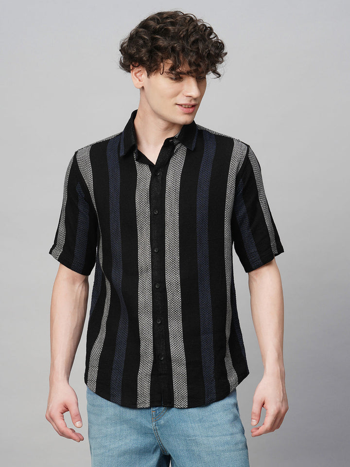 Suave Crochet Striped Half Sleeves Men's Shirt