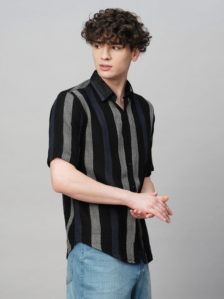 Suave Crochet Striped Half Sleeves Men's Shirt