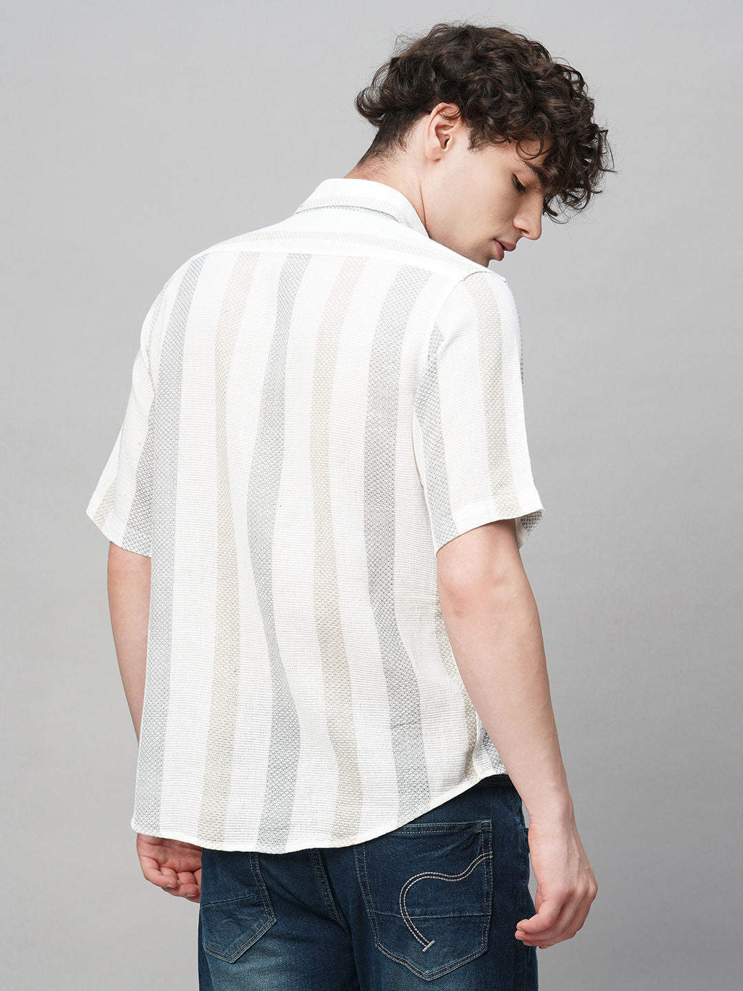 Effortless Cultured Crochet Jute Cotton Striped Half Sleeves Shirt for Men