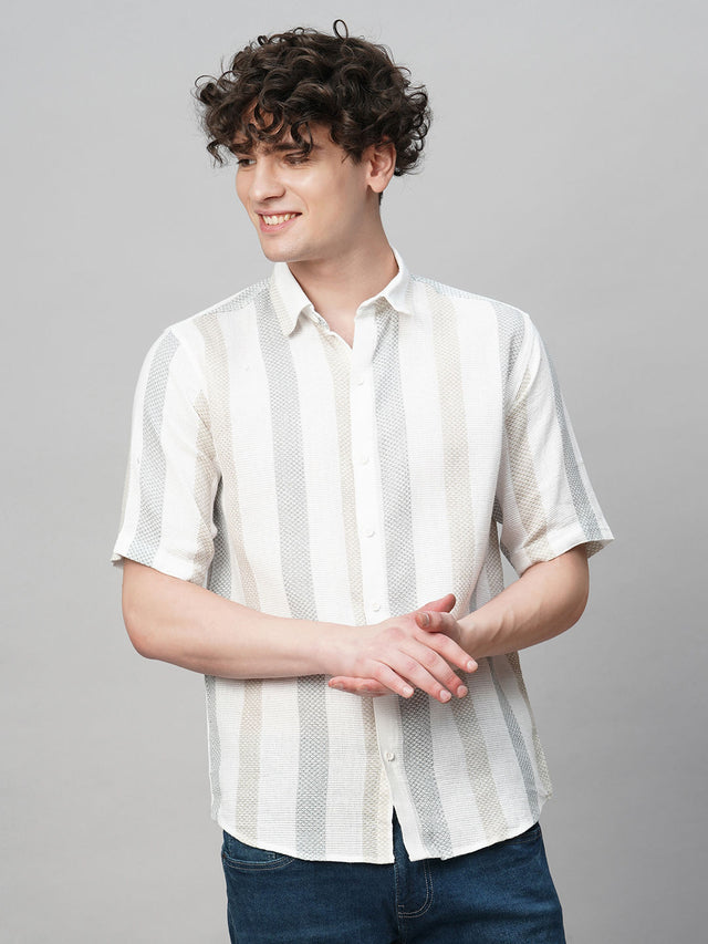 Effortless Cultured Crochet Jute Cotton Striped Half Sleeves Shirt for Men