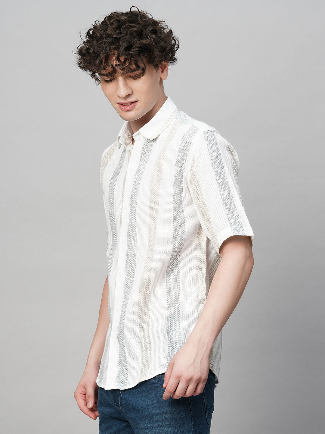 Effortless Cultured Crochet Jute Cotton Striped Half Sleeves Shirt for Men