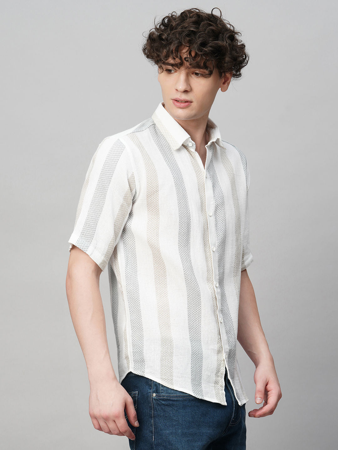 Effortless Cultured Crochet Jute Cotton Striped Half Sleeves Shirt for Men