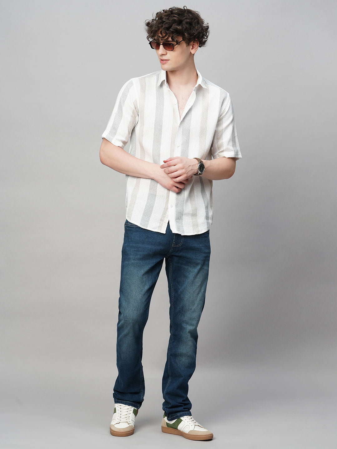 Effortless Cultured Crochet Jute Cotton Striped Half Sleeves Shirt for Men