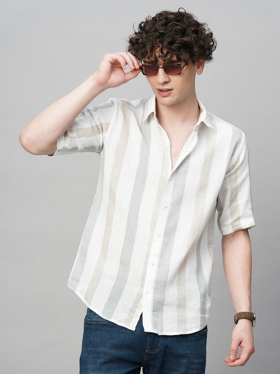 Effortless Cultured Crochet Jute Cotton Striped Half Sleeves Shirt for Men