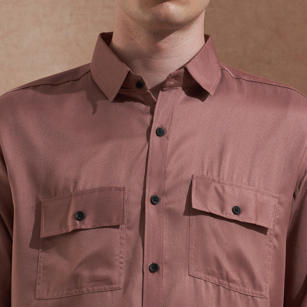 Men Rust Brown Solid Spread Collar Slim Fit Casual Shirt with Dual Flap Pockets